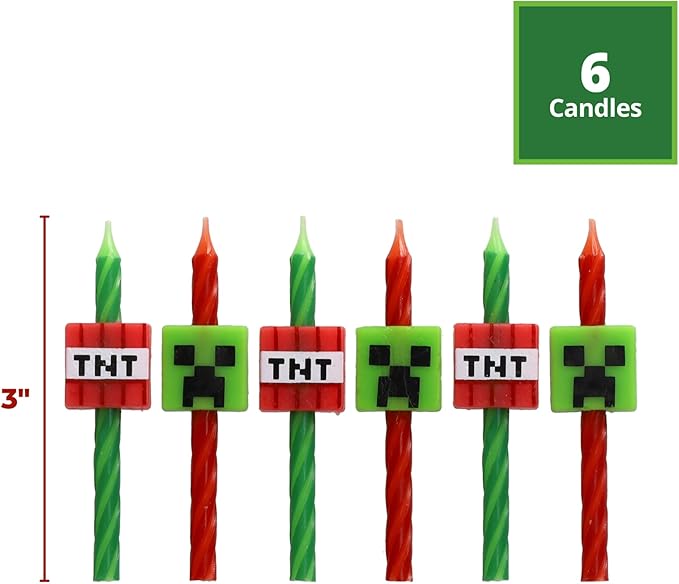 Minecraft Birthday Cake Candles | 6 Birthday Candles for Cake Decorations, Red & Green Striped Candles, Cake Toppers for Minecraft Party