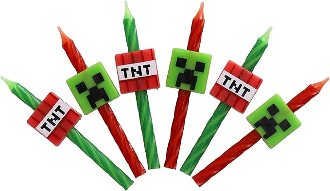 Minecraft Birthday Cake Candles | 6 Birthday Candles for Cake Decorations, Red & Green Striped Candles, Cake Toppers for Minecraft Party