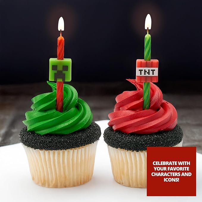 Minecraft Birthday Cake Candles | 6 Birthday Candles for Cake Decorations, Red & Green Striped Candles, Cake Toppers for Minecraft Party