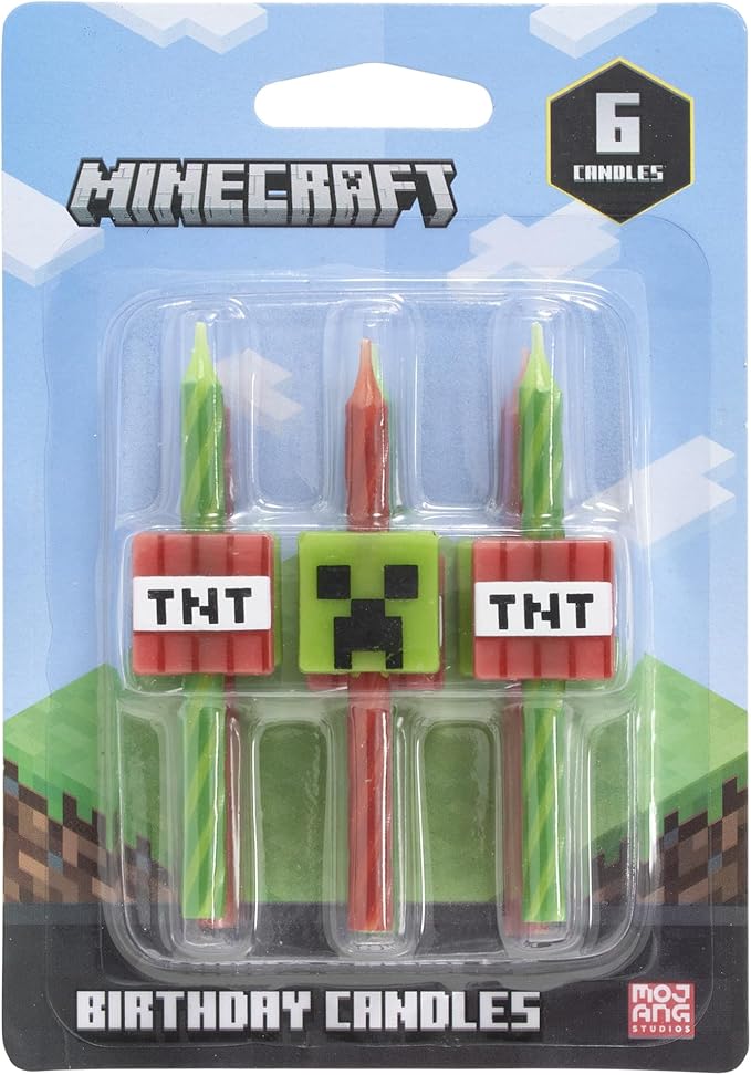 Minecraft Birthday Cake Candles | 6 Birthday Candles for Cake Decorations, Red & Green Striped Candles, Cake Toppers for Minecraft Party